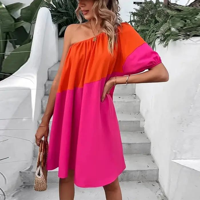 Robe midi décontractée et confortable à manches courtes et blocs de couleur