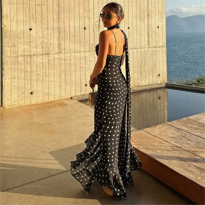 Robe à pois contrastants dos nu élégante sexy pour femmes occasions printemps été