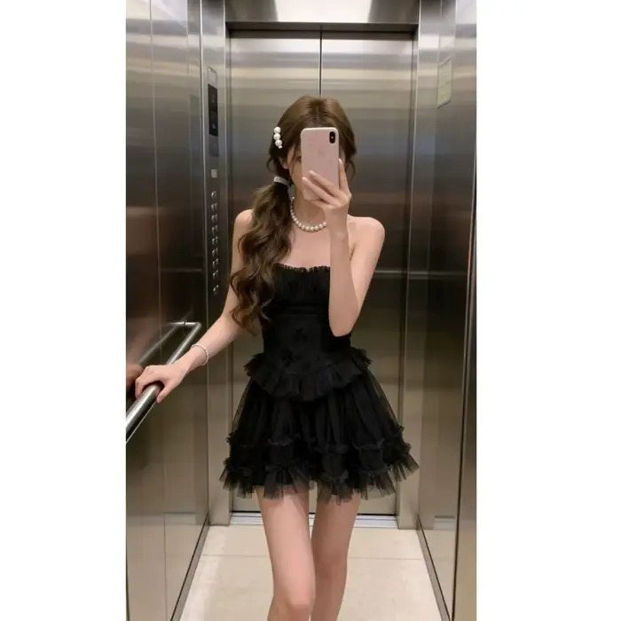 Robes mini sexy sans bretelles en dentelle froncée et dos nu pour femme, avec volants superposés en 