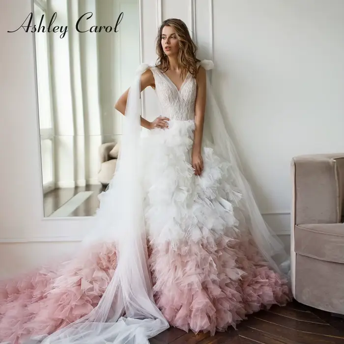 Ashley Carol-Robe de Mariée en Tulle, Sexy, Décolmétrage en V, en Dentelle, Dos aux, Ligne A, Éducat