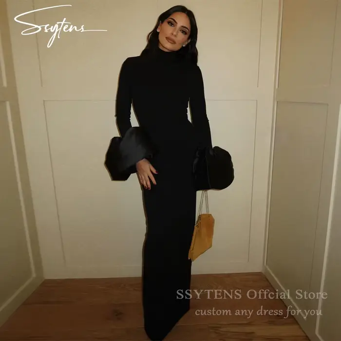 SSYTENS – robes de soirée personnalisées pour femmes, robes de bal noires, col haut, manches longues