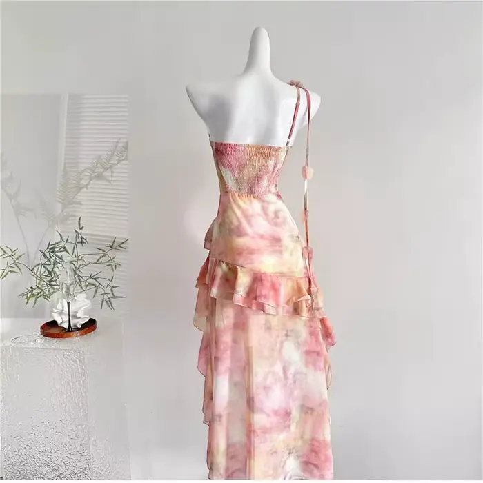 Nouvelle Robe Mini en Chiffon à Volants Irréguliers Imprimé Floral Style Vacances