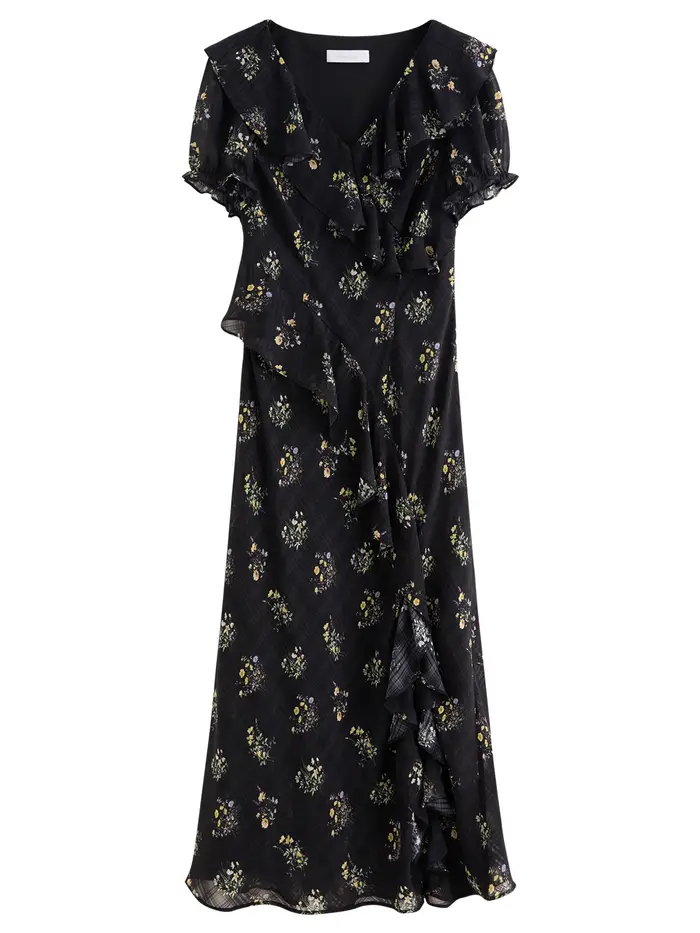 Robe florale à motif quadrillé subtil de DUSHU 2026 pour femme avec volants, silhouette moderne, décolleté en V, tour de taille empire, coupe régulière, facile à entretenir, pour soirée romantique ou journée estivale