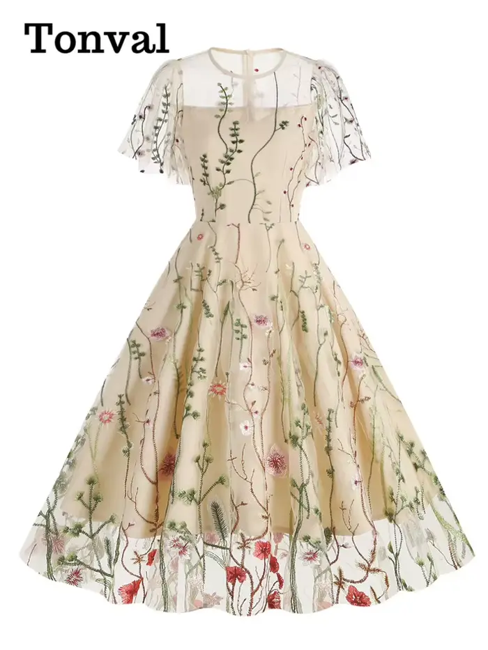 Tonval-Robe longue vintage brodée pour femme