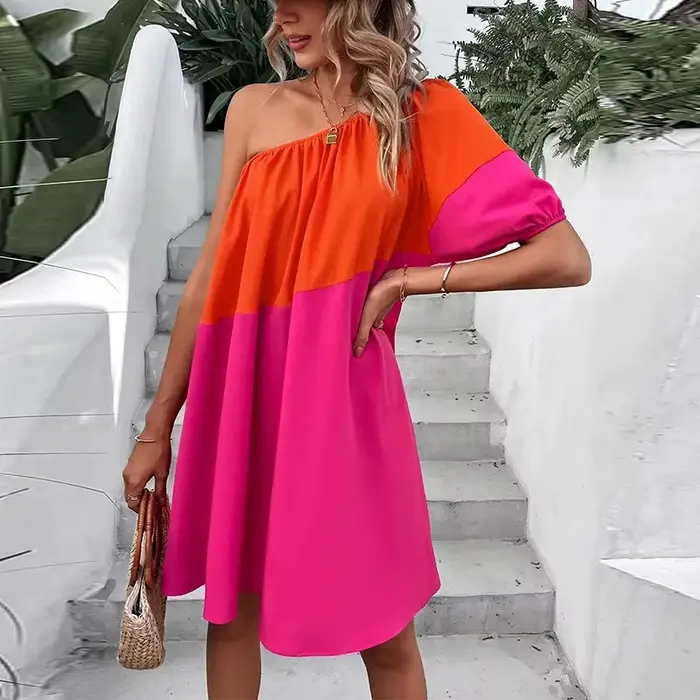 Robe midi décontractée et confortable à manches courtes et blocs de couleur, style vacances d'été, c