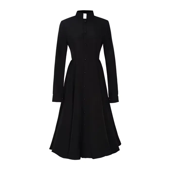Robe noire élégante pour femme, style clergé médiéval, coupe trapèze mi-longue, manches longues, rét