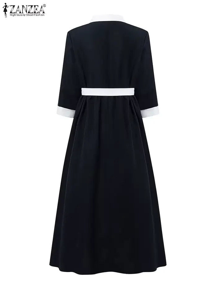 ZANZEA Robe de soirée élégante sans ceinture femmes à manches longues couleur Patchwork Maxi