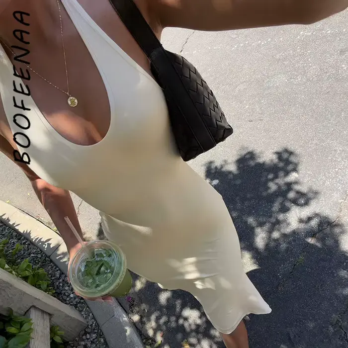 Robe mi-longue à collicou et dos ouvert pour femme en fibre de polyester abricot et blanc élégante pour occasions spéciales et tenues professionnelles