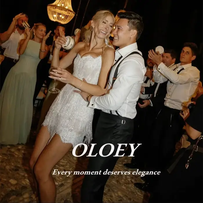 OLOEY luxe bretelles sirène robe De mariée courte paillettes dentelle Mini