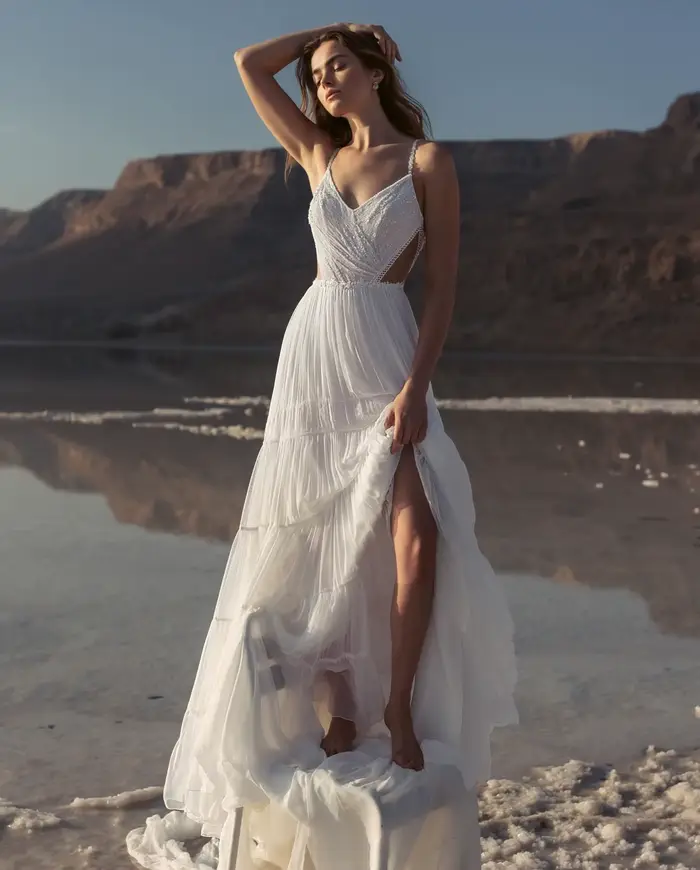 Robe de Mariée Bohème en Tulle à Paillettes Style Classique Train de Balayage Col Cuillère Décoration Appliques Perles Pailleté Pour Femmes Occasions Spéciales Mariages Plages