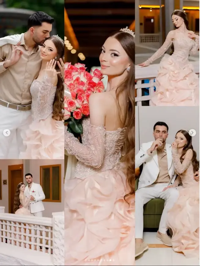 Robe de mariée rose à épaules dénudées