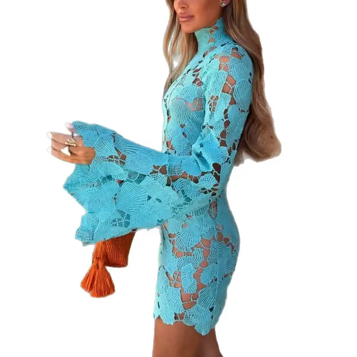 Robe longue à col haut en dentelle, style européen et américain, luxueuse et tendance, décontractée pour les vacances, robe ample pour femmes