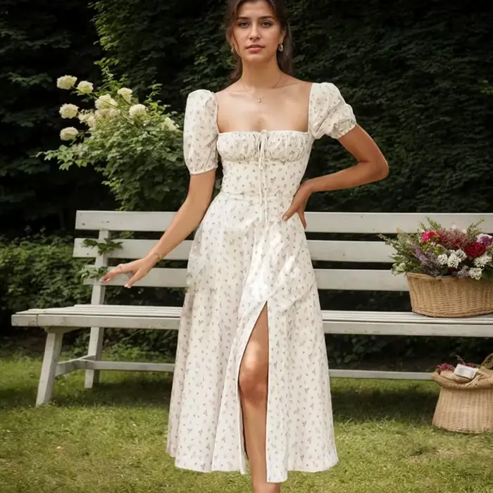 Robe trapèze fendue à manches bouffantes et imprimé floral pour femmes