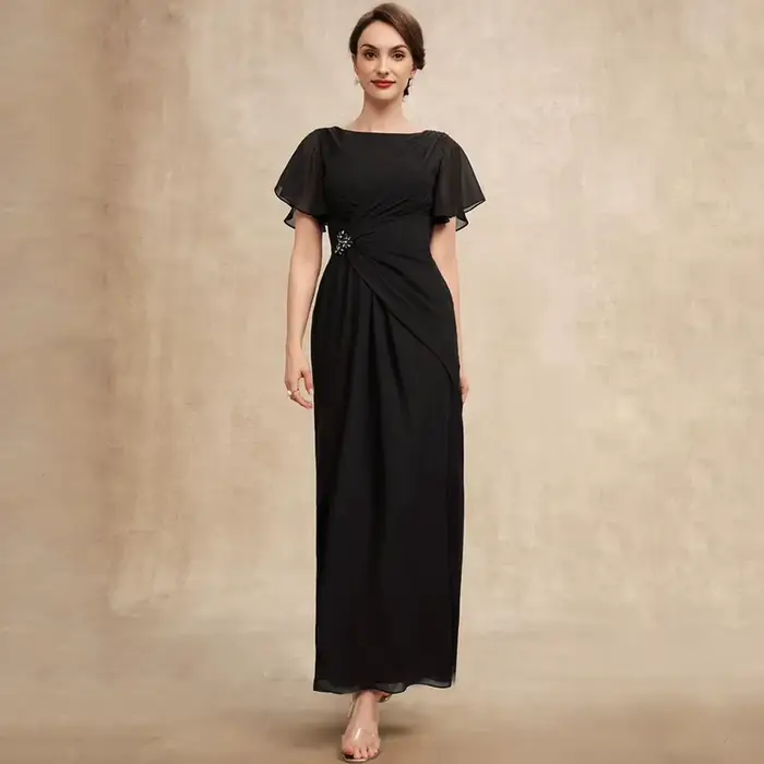 Robes de Soirée Courtes en Chiffon Noir pour Mère de la Mariée, Manches Courtes, pour Femme, Été 202