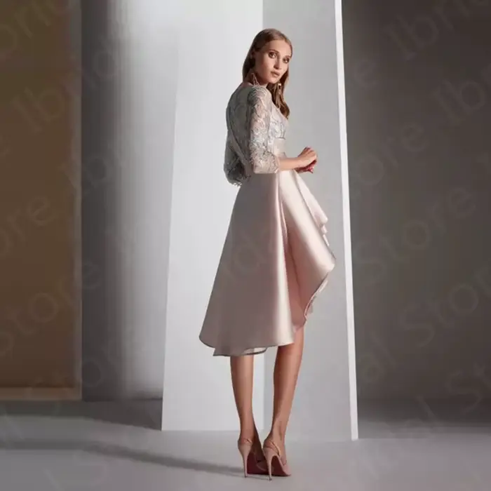 Nouvelle Arrivée Robe de Mère de la Mariée Rose Perle Asymétrique Manches 3/4 en Dentelle Robes de Soirée de Mariage Personnalisées