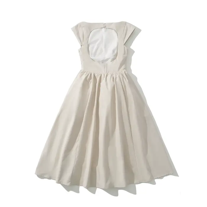 Robe mi-longue taille basse à manches courtes pour femmes, col slash sexy, dos nu évidé, robe trapèz