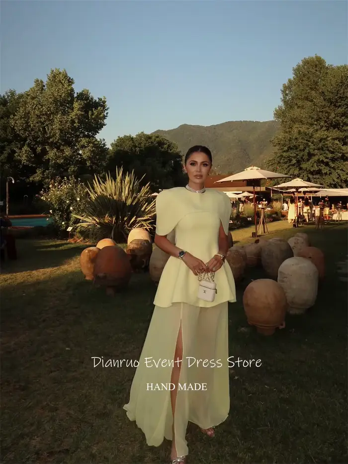 Dianruo jaune pâle une ligne robes De Soirée fente latérale col rond Robe