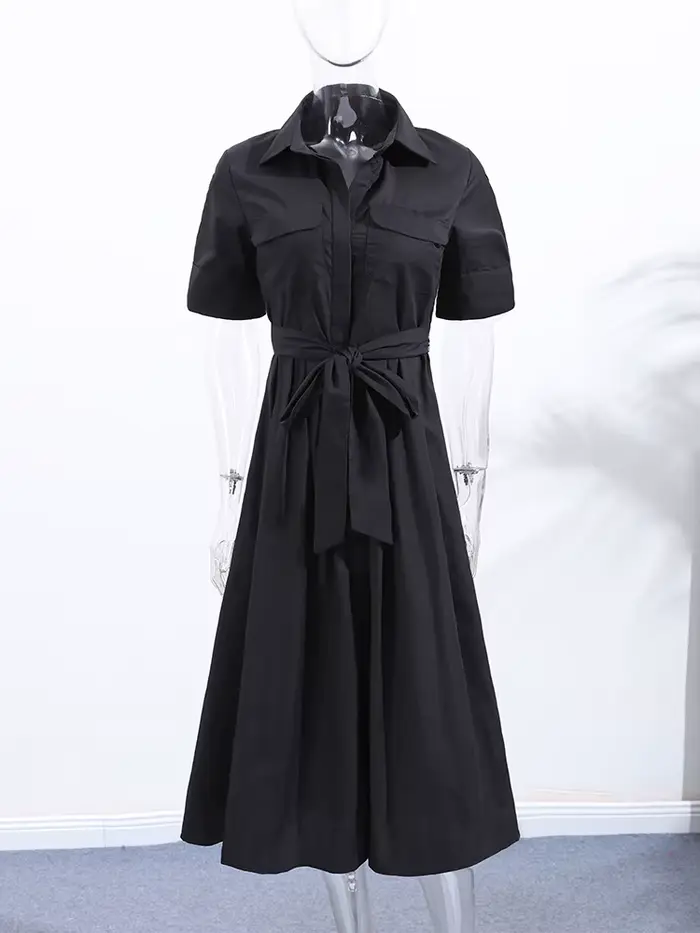 Robe longue noire classique pour femme avec lacets et col rabattu coupe ajustée occasionnelle soirée spéciale