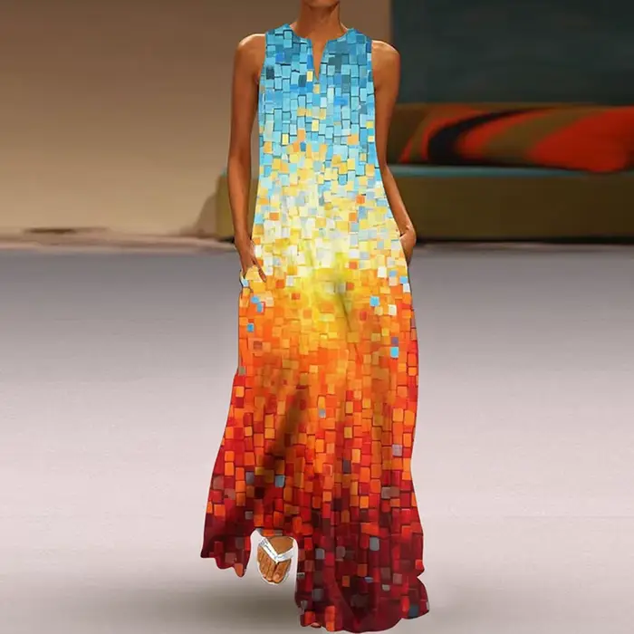 Robe longue imprimée à col en V pour femmes