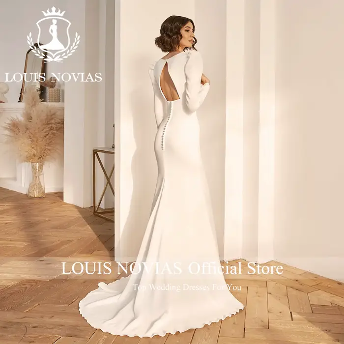 Robe de mariée sirène en satin sexy, manches longues, col en V, dos nu, bouton, gaine drapée, pour femmes occasions spéciales mariage soirée晚会及特别场合女士性感缎面鱼尾裙长袖V领露背纽扣剪裁高腰