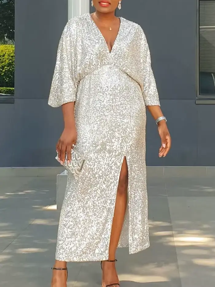 Robe longue à paillettes argentées, col en V, avec manches kimono et fente sur le devant, parfaite p