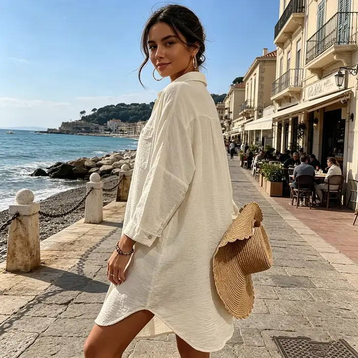 Robe chemise ample pour femme à manches longues et boutonnée.