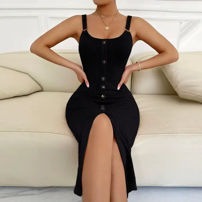 Robe débardeur en maille à faux boutons pour femme, coupe ajustée, sexy, col en V, fendue, style bod
