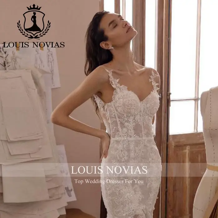 LOUIS NOVIAS robe De mariée sirène bretelles Spaghetti chérie Appliques Champagne dentelle Sexy