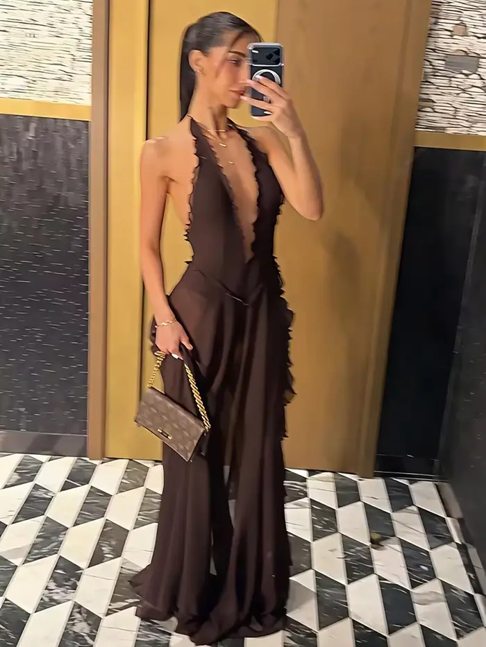 Robe longue sexy dos nu à col halter et décolleté plongeant pour femme