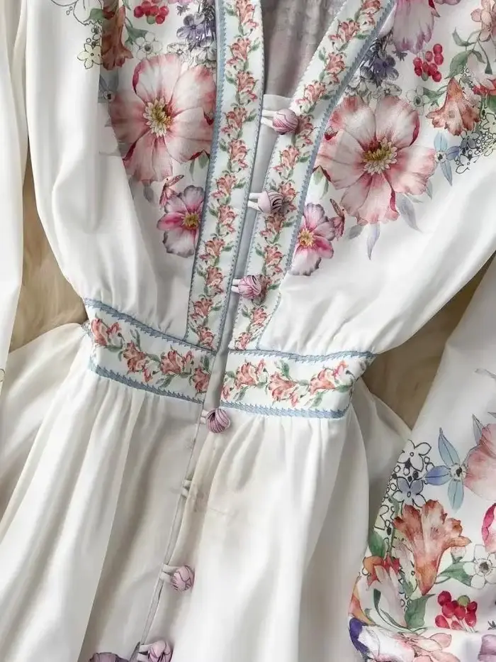 Femmes bohème col en V manches longues lanterne taille élastique Robe Maxi florale automne magnifique fleur