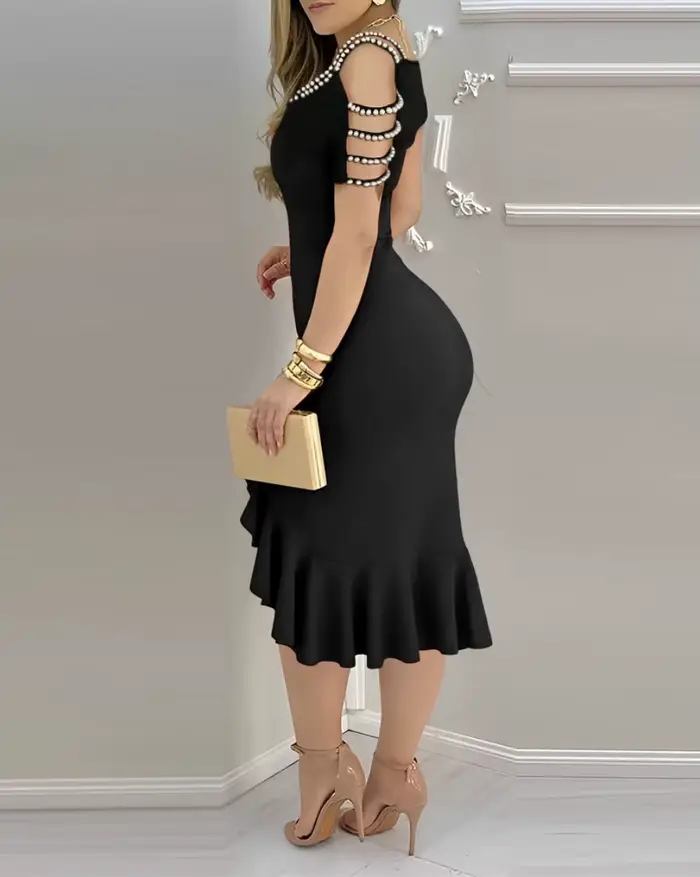 Robe d'été pour femmes couleur unie robe de soirée moderne à volants fente sur les épaules polyester extensible pour femmes occasions spéciales
