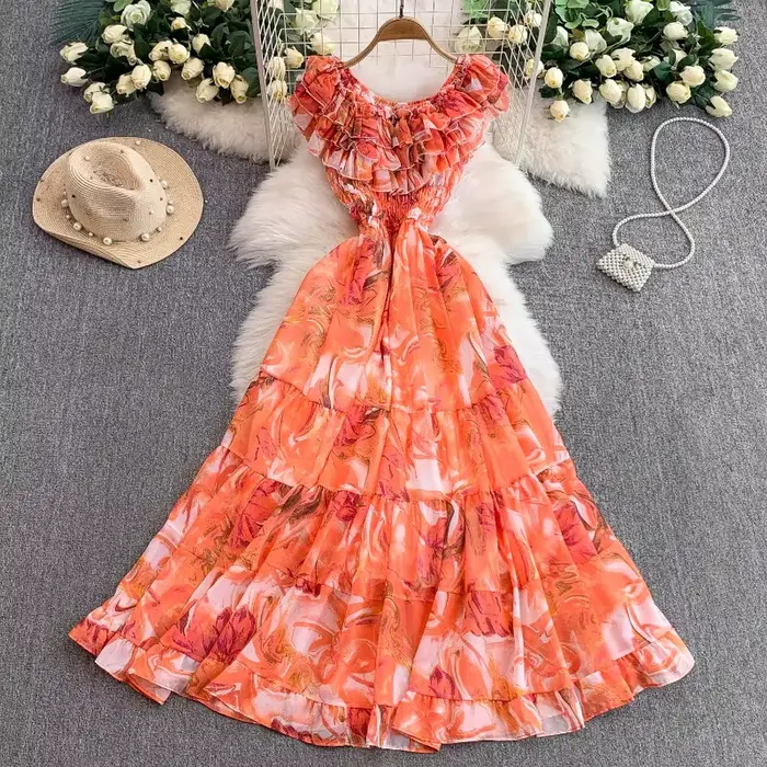 Robes Maxi élégantes 2025 vêtements pour femmes volants Slash cou Floral doux Robe Femme taille haut
