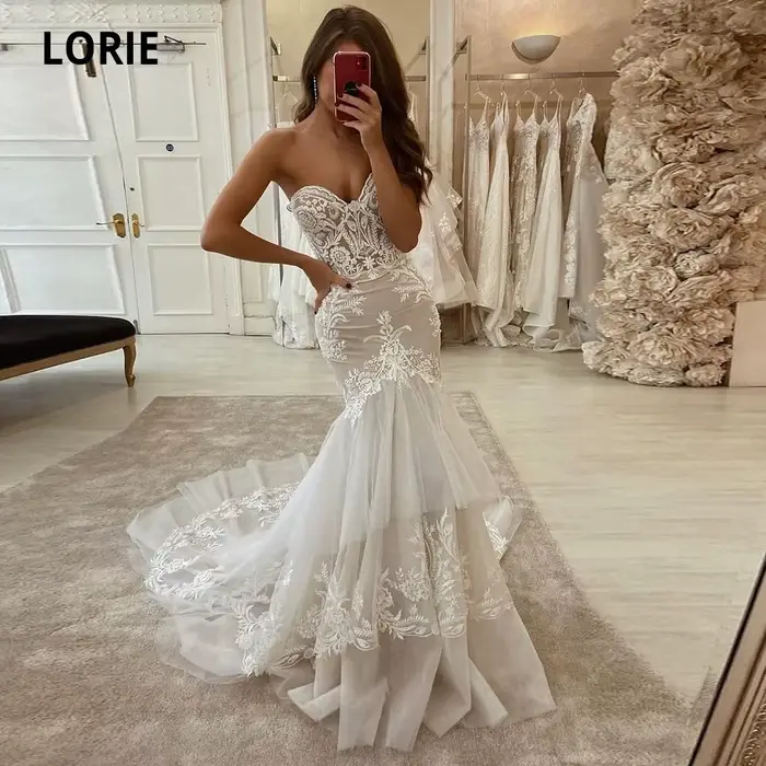 Robe de Mariée Sirène en Dentelle avec des Appliques
