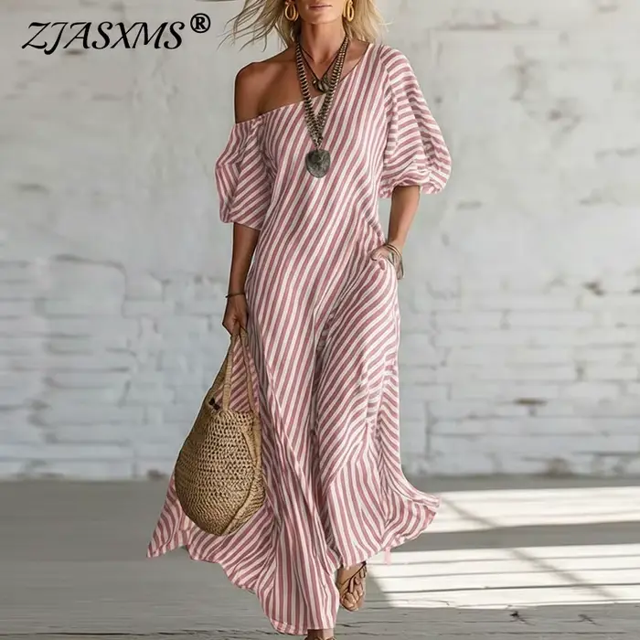 Nouvelle Robe Bohème Femme Printemps 2026 Élégante à Rayures Imprimées avec Poches