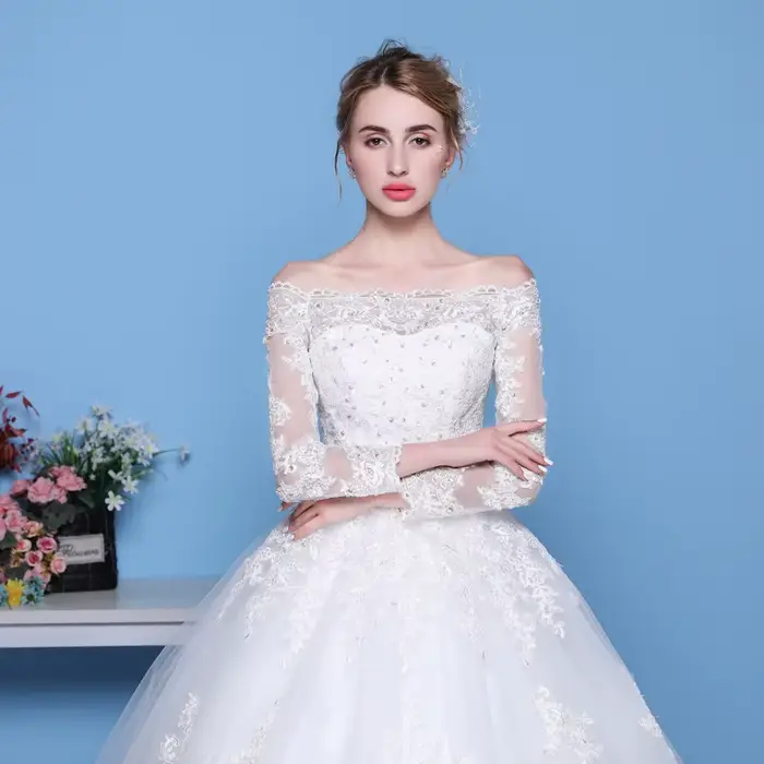Robe de mariée en dentelle de princesse, manches longues, épaules dénudées, vintage, luxe, pour femmes, occasions spéciales, mariage, gala de charité