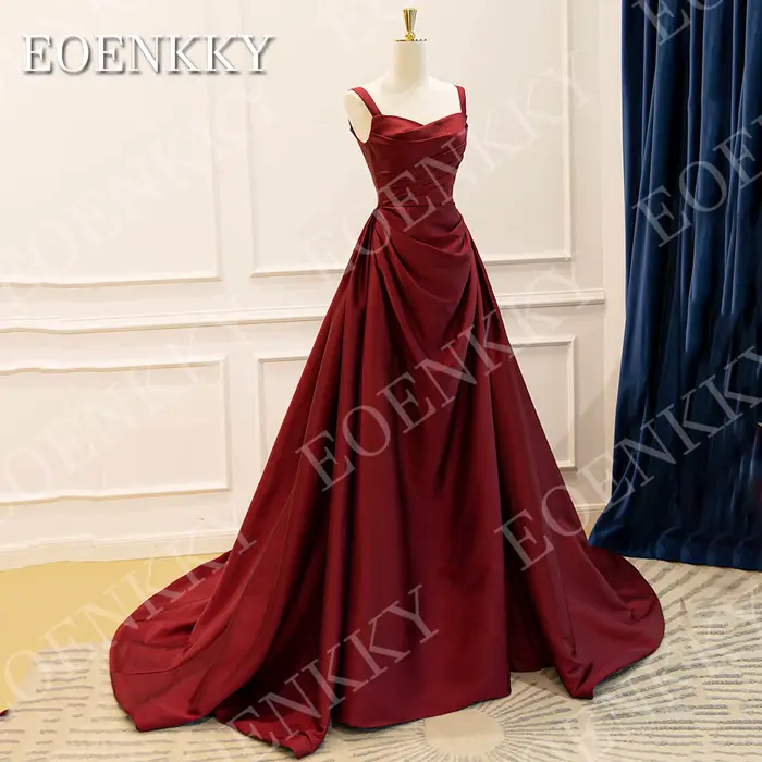 Robe de soirée EOENKKY élégante en satin pour femmes, longue bordeaux col en V, train de balayage, bal de promo, mariage, soirée spéciale