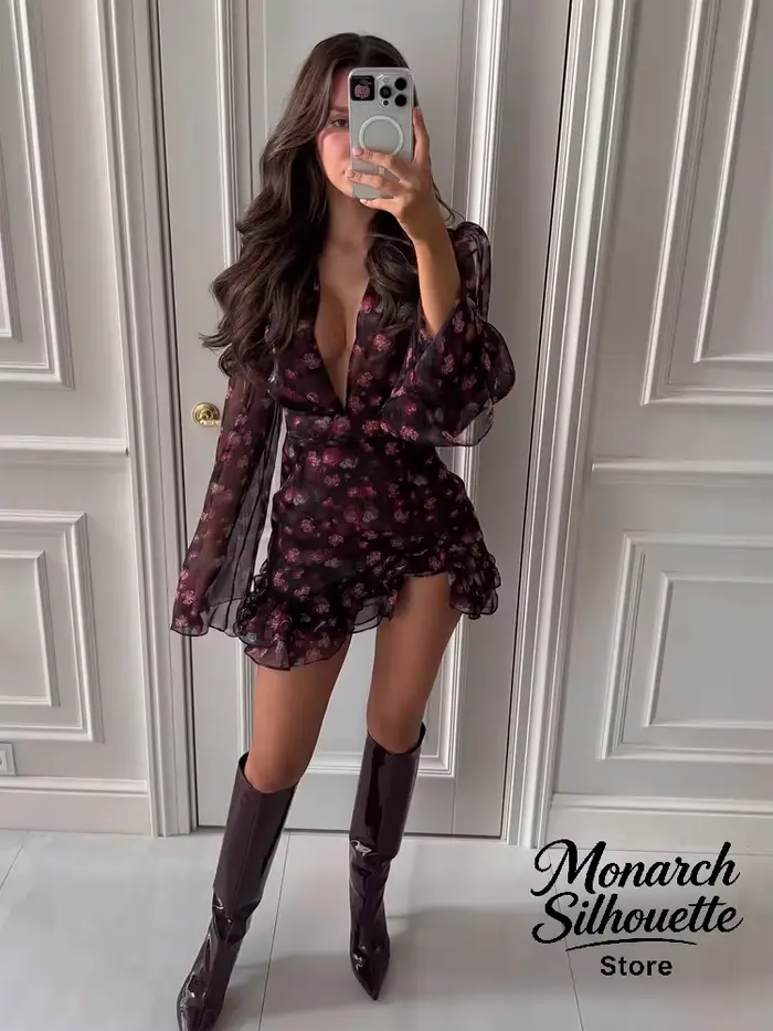 Robe moulante à volants peinte à la main Sexy Flora pour femmes