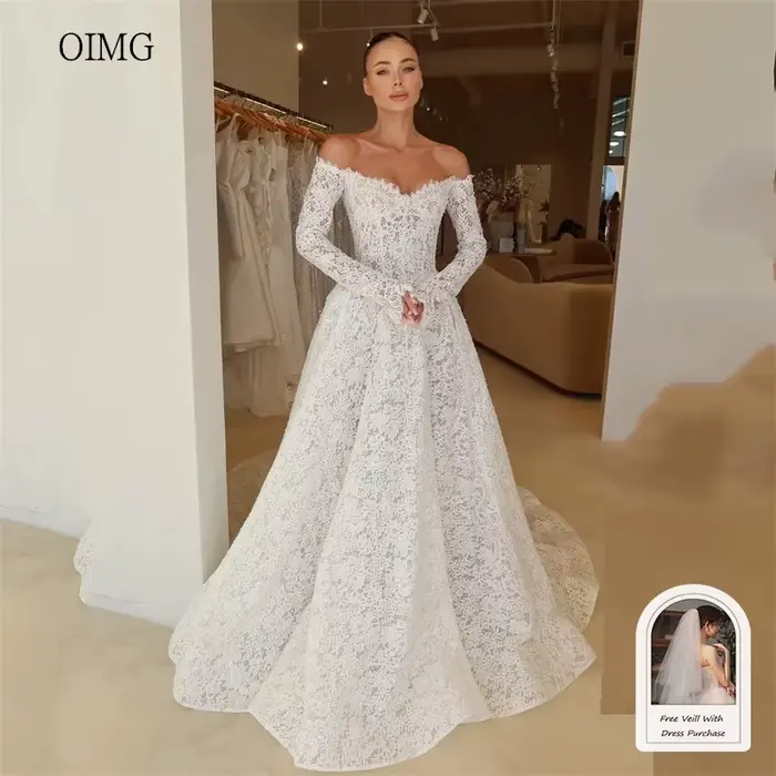 OIMG luxueux dentelle hors de l'épaule une ligne robe de mariée dos nu robes de mariée longueur de p