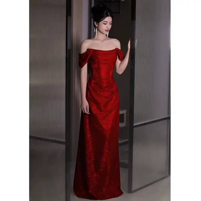 Robe de soirée de forme sirène, épaules dénudées, argentée/rouge, élégante, pour fête de mariage, Ba