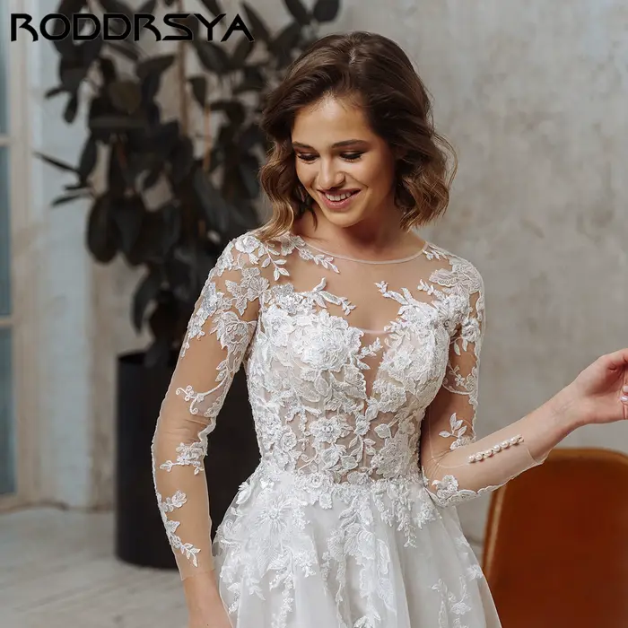 RODDRSYA Robe de mariée bohème coupe A appliques tulle illusion