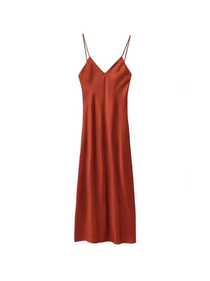 Robe mi-longue en satin polyeste col en V bretelles fines dos nu sexy pour femmes occasions spéciales
