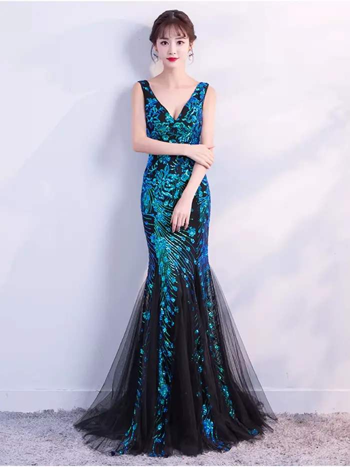 WomenSleveless robes De soirée élégante sirène Robe formelle tulle paillettes Robe De bal dentelle Robe De Soriee longue Robe De soirée