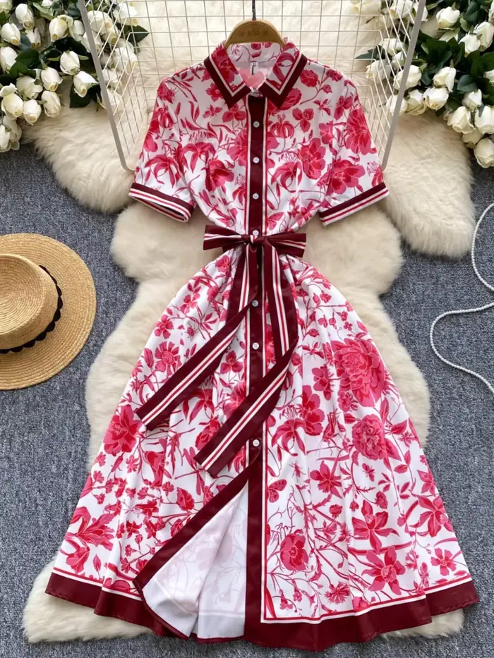 Robe d'été chic européenne pour femmes, imprimé, col rabattu, manches courtes, robe trapèze à lacets, occassions spéciales et quotidiennes