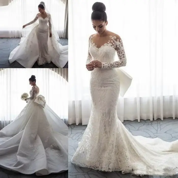 Robe de mariée sirène en dentelle à manches longues