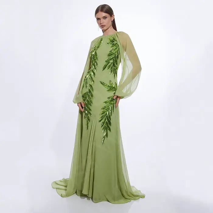 Personnalisé dernières robes de soirée de sauge 2025 arabe col rond robes de soirée de bal gonflées 
