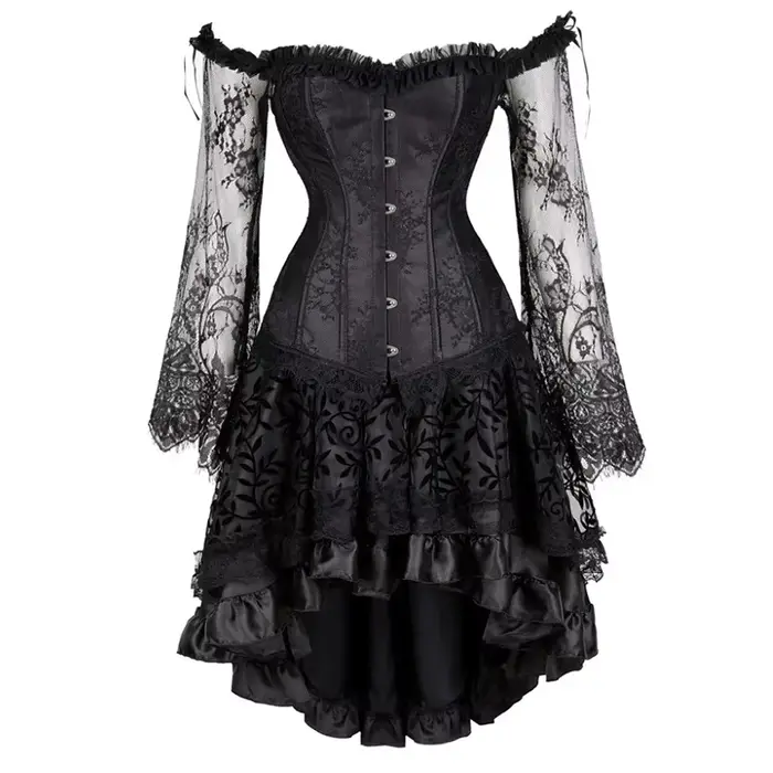 Robe Corset Gothique Florale à Manches Longues et Épaules Dénudées