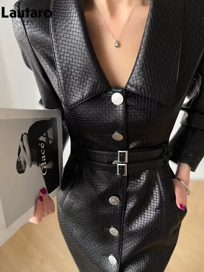 Lautaro-Robe cintrée en cuir PU vichy noir pour femme