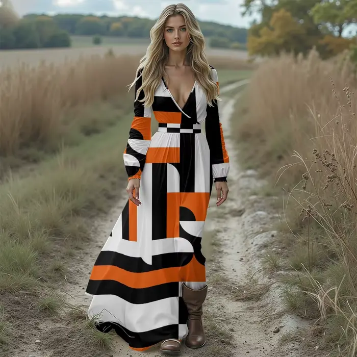 Robe longue style rétro des années 70 pour femme, sexy, décolleté en v profond, fluide, en mousselin