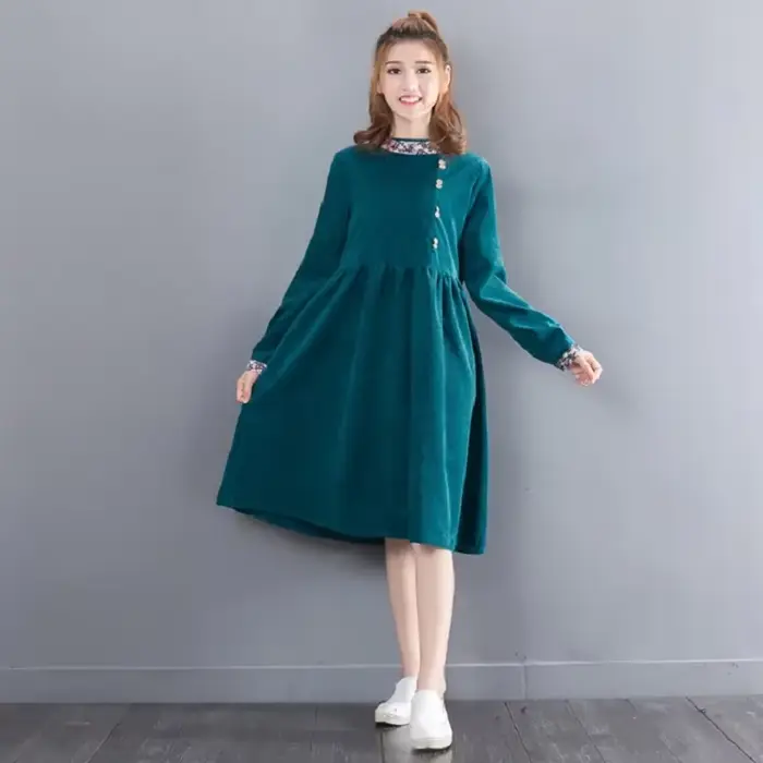 Robe florale vintage en velours côtelé pour femmes, col rond, vert, manches longues, robe élégante, 