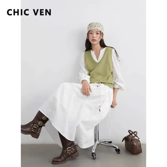 Robe femme CHIC VEN longue décontractée avec gilet tricoté, ensemble deux pièces pour femme, style européen chic, occassions bureau et spéciales